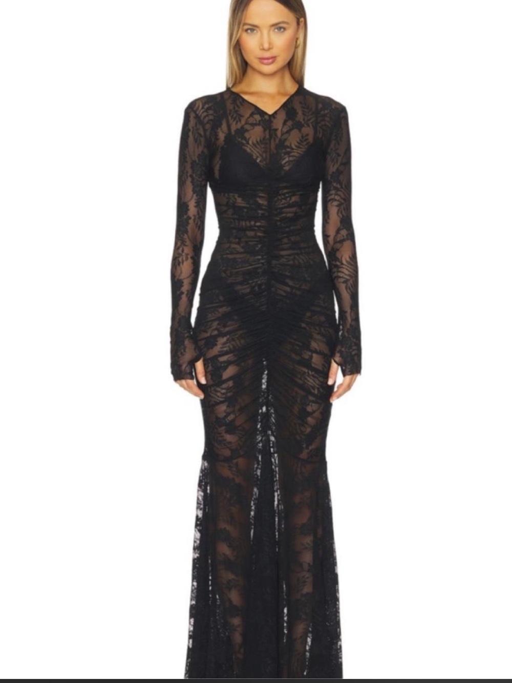 Norma Kamali Black Long-Sleeve Ruched Lace Gown- Revolve
